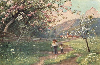 603318 Afbeelding van een bergenlandschap op een prentbriefkaart met op de achterzijde een opdruk met reclame voor ...